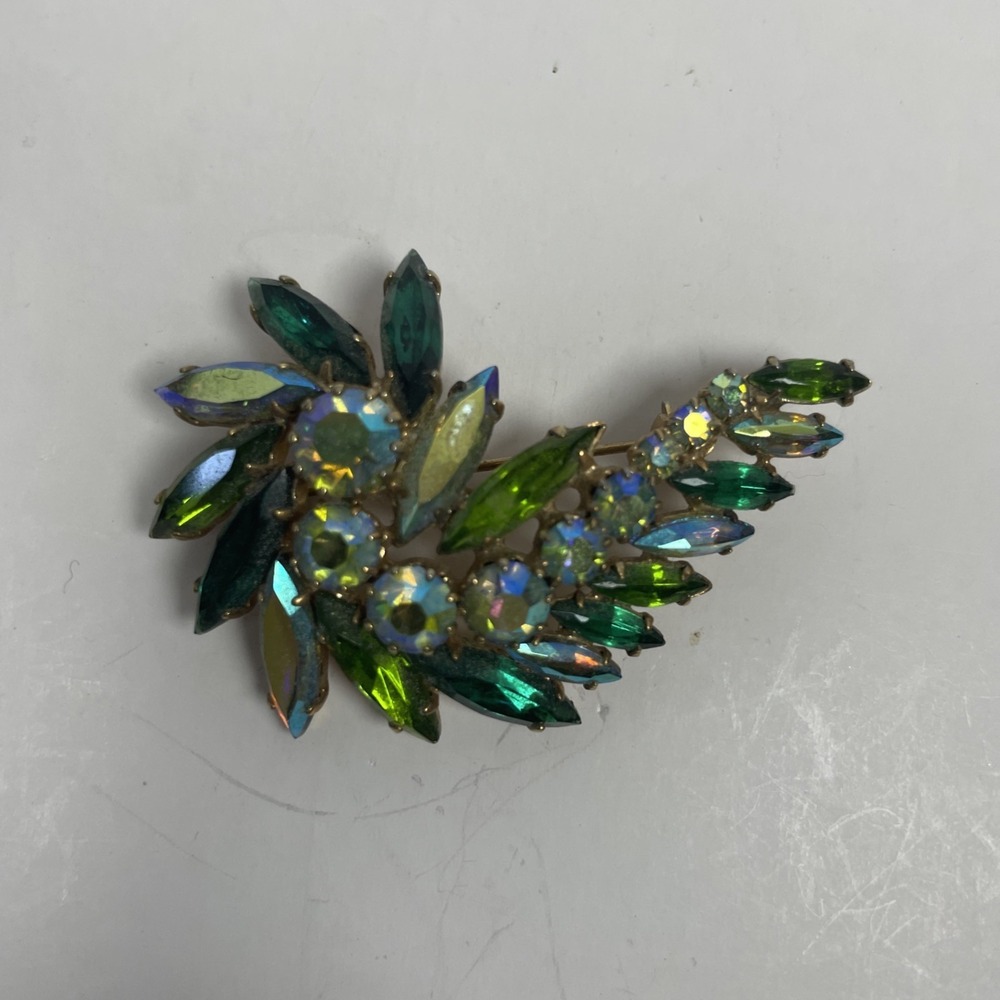 Signed ART Green Aurora Borealis Rhinestone Floral Spray Brooch Gold Tone VTG